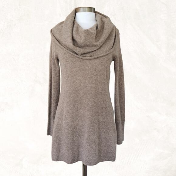 Saks Fifth Avenue 100% Cashmere Cowl-Neck Tunic Sweater Medium Neutral Brown - Picture 1 of 8